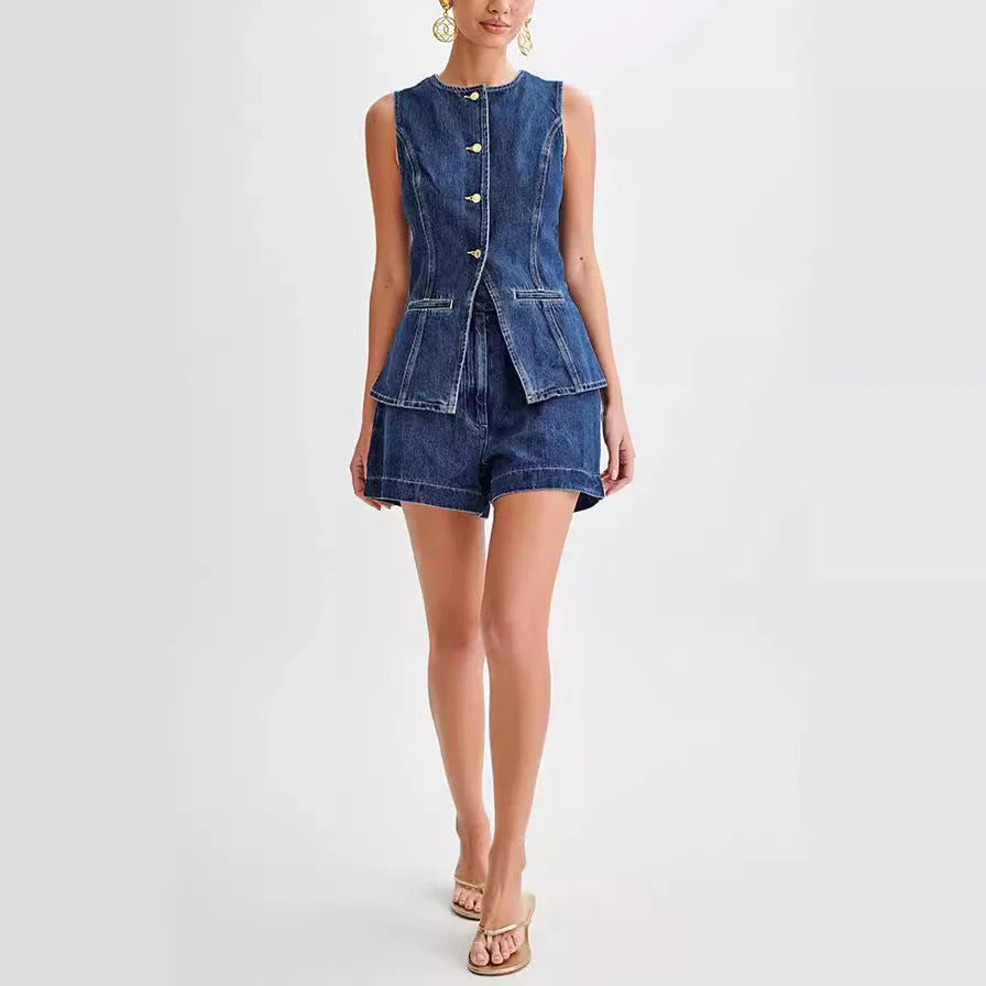 Stylish denim vest and high-waisted shorts set in a contemporary Kiwi-inspired design, perfect for summer fashion