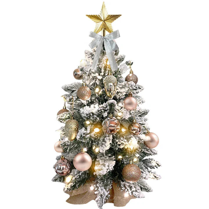 2ft Flocked Mini Christmas Tree with Lights for Tabletop Display - Realistic Snow Effect, Unique Ornaments, Stable Burlap Base