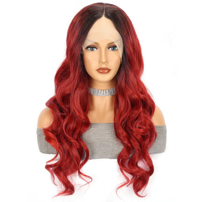 Crimson Wave Long Curly Hair Head Cover - A luxurious silk accessory with long, flowing curls and stylish oblique bangs that elevates any outfit.