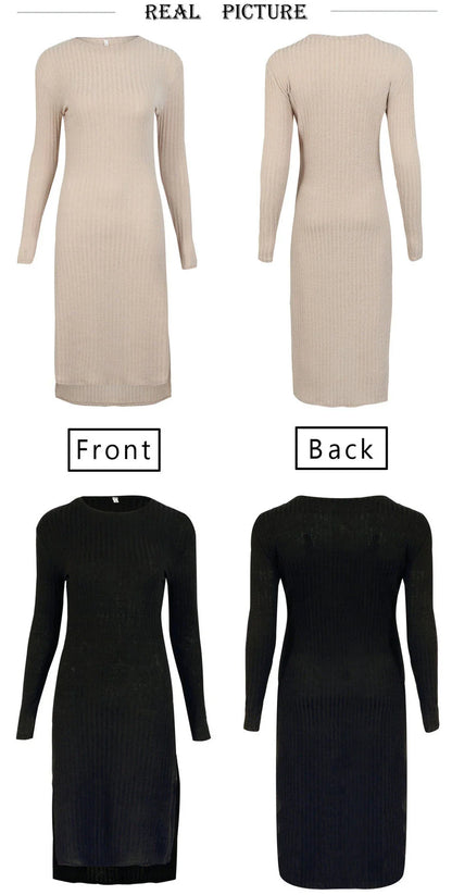 Women's long sleeve knit dress with slim fit and solid colour, made with sustainable New Zealand cotton