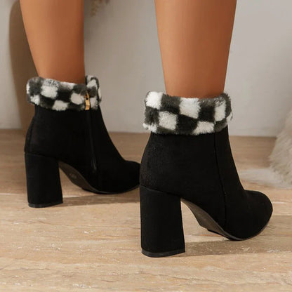 A pair of stylish plaid print plush ankle boots with a square heel, designed for warm and comfortable winter wear.