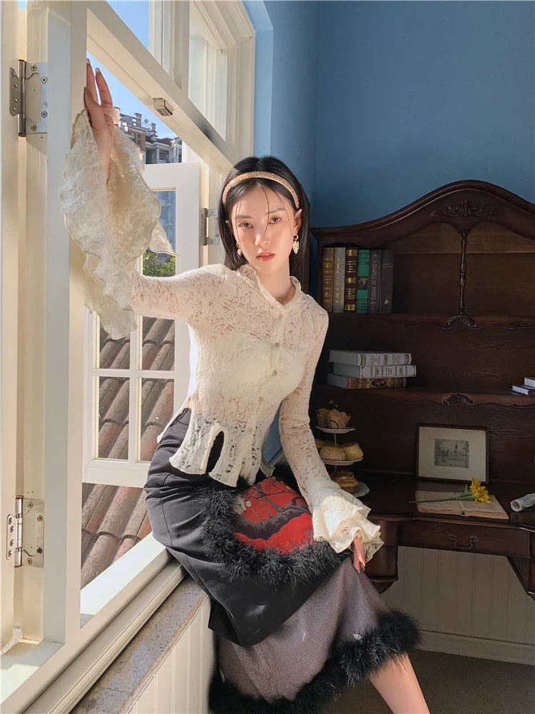 Lace patchwork shirt with ruffled sleeves in a beige color, perfect for casual and formal occasions