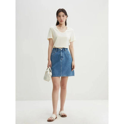 Chic high-waisted denim skirt with a flattering A-line silhouette, perfect for Kiwi summer days