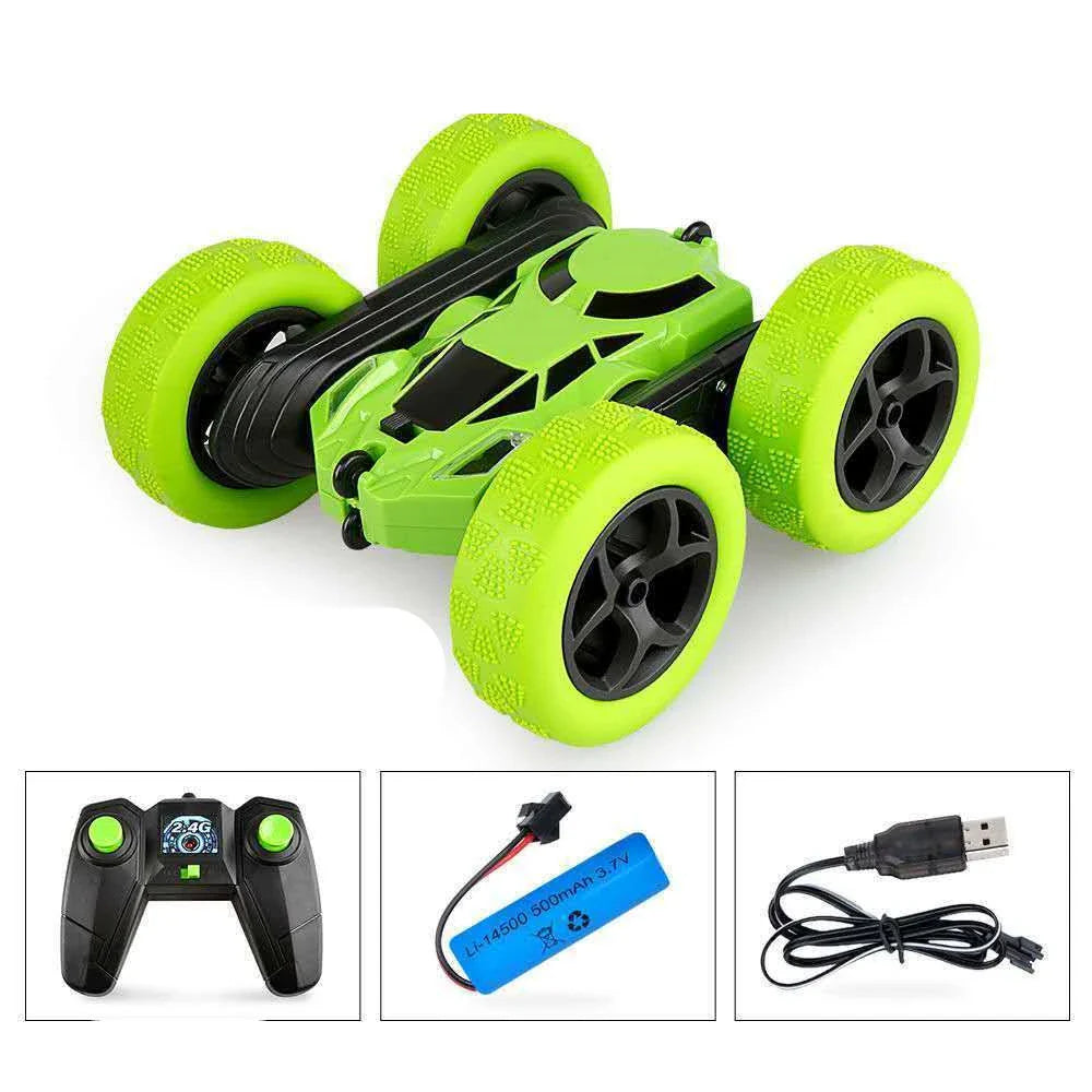 Futuristic off-road RC stunt car with 360-degree flip capability, rechargeable battery, and remote control