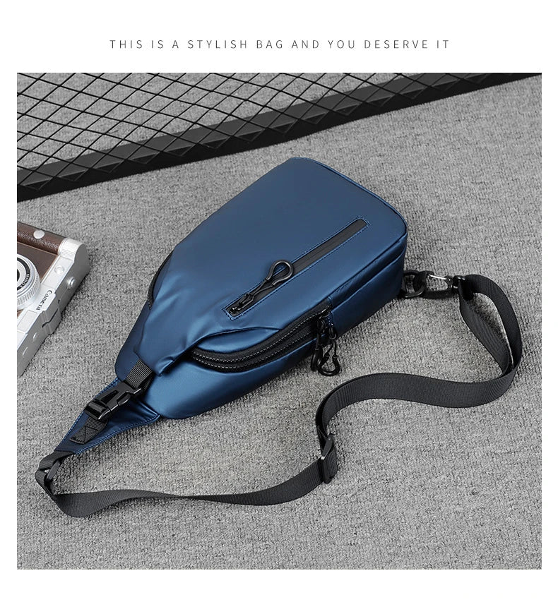 Eco-friendly sling backpack in blue, black, and grey colours with adjustable strap for hands-free wear