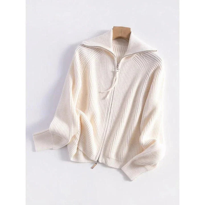 Heavy wool cardigans for women in khaki and white colors, featuring a stylish A-straight pattern, turn-down collar, and zipper closure for a cozy and elegant look.