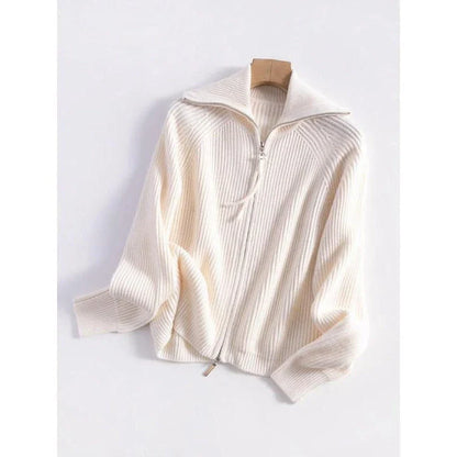 Heavy wool cardigans for women in khaki and white colors, featuring a stylish A-straight pattern, turn-down collar, and zipper closure for a cozy and elegant look.