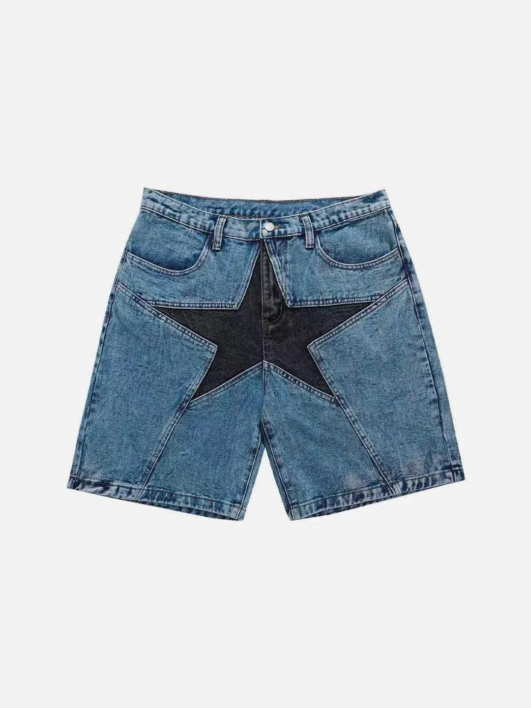 Loose Contrast Color Five-pointed Star Patch Denim Shorts in blue, featuring a relaxed, comfortable fit and unique star patch detailing