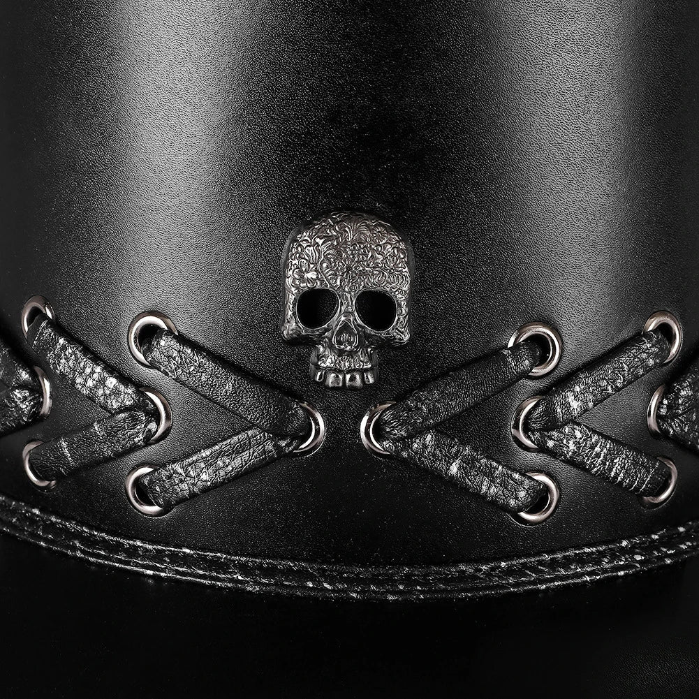 A black punk-style top hat with an embossed skull design, made of premium PU leather.