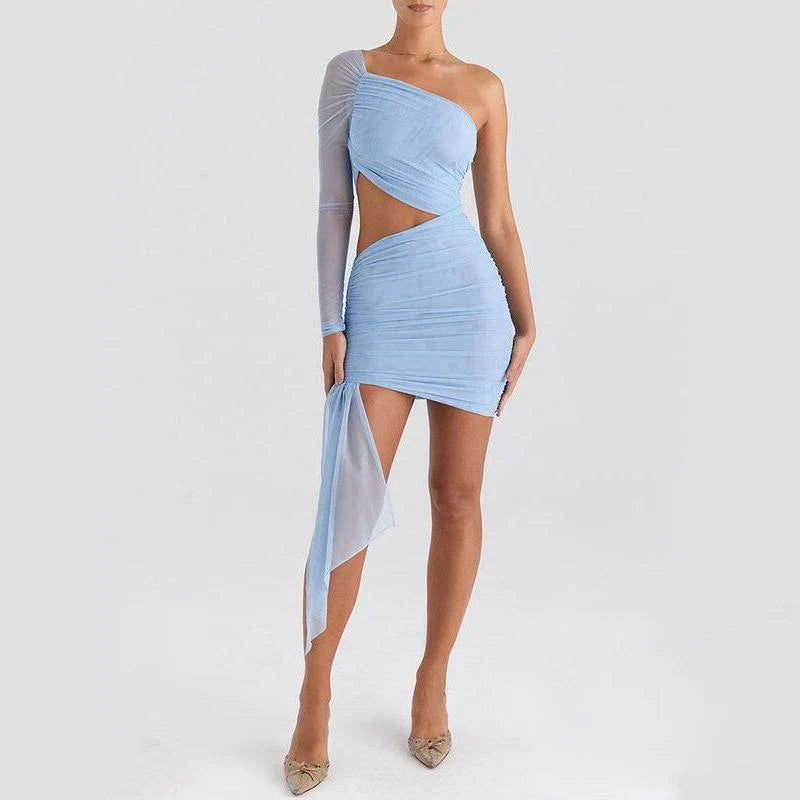 Stylish backless mini dress with mesh overlay in blue color, perfect for summer events in New Zealand