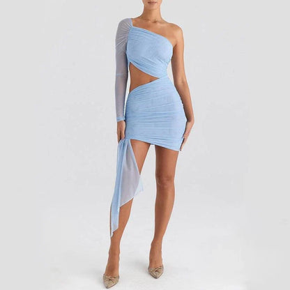 Stylish backless mini dress with mesh overlay in blue color, perfect for summer events in New Zealand