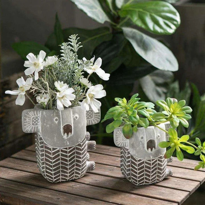 Charming kiwi-inspired koala-shaped cement planter for displaying succulents, small flowers, or as a decorative piece