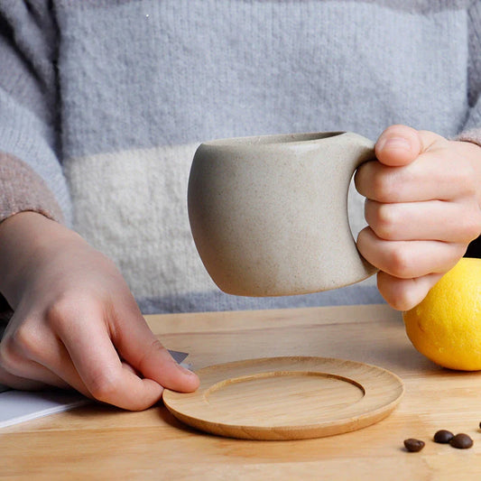 Japanese-inspired stoneware ceramic coffee mug with matching tray, showcasing a minimalist and elegant design perfect for Kiwi households