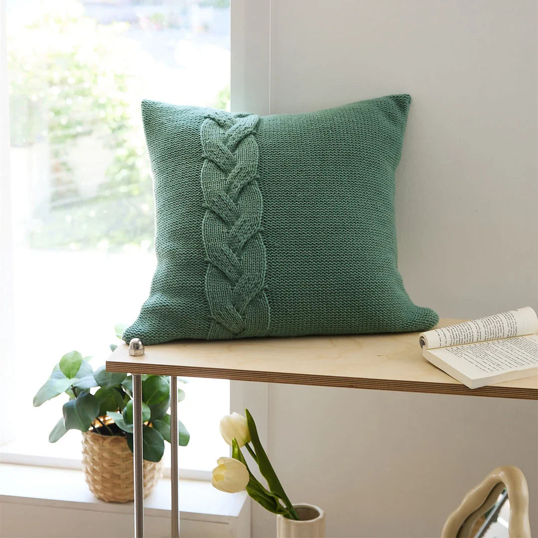 Soft, fluffy acrylic knitted pillow case with unique Nordic twist design in four colour options