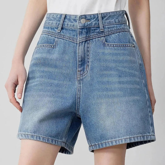 Stylish and high-waisted denim shorts for Kiwi women, featuring a straight-leg design and premium cotton construction for comfort and durability.