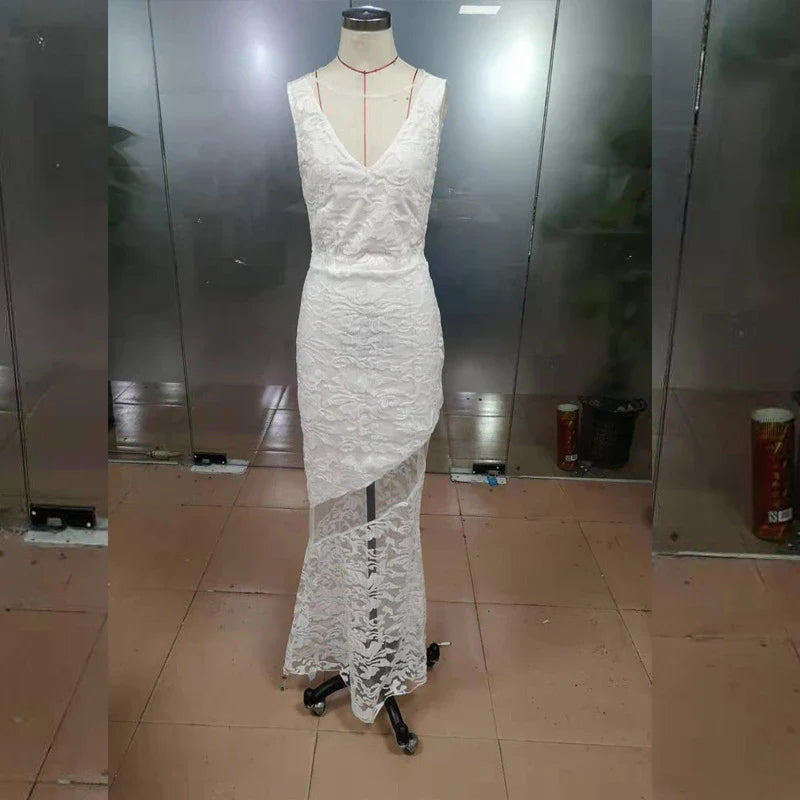 A sustainable lace dress with a long skirt and sleeveless design, offering an eco-friendly and stylish fashion choice.