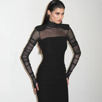 Elegant turtleneck dress with mesh stitching details, slim-fit silhouette, and long sleeves