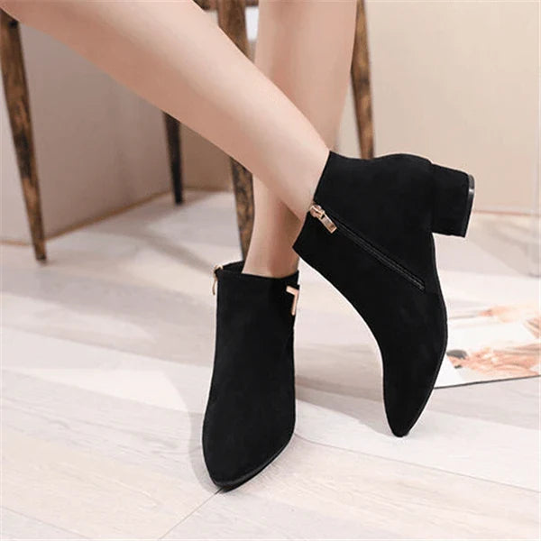 Pointed toe boots with low chunky heels in Black and Beige colors, designed for comfortable and stylish wear in New Zealand