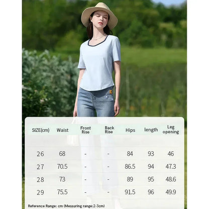 Light blue embroidered high-waisted jeans with a modern, versatile design for Kiwi women's summer fashion