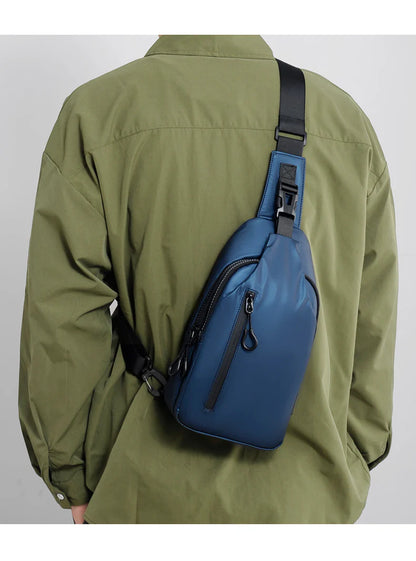 Eco-friendly sling backpack in blue, black, and grey colours with adjustable strap for hands-free wear