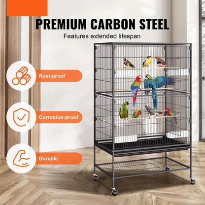 Spacious and secure large bird cage made of durable carbon steel with lockable wheels for easy mobility