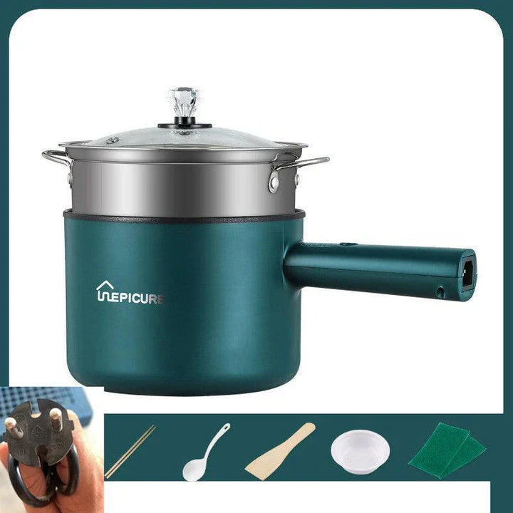 Versatile electric cooker in Emerald Green and Sapphire Blue colours, featuring manual and smart pot models with steaming grids for a range of cooking functions.