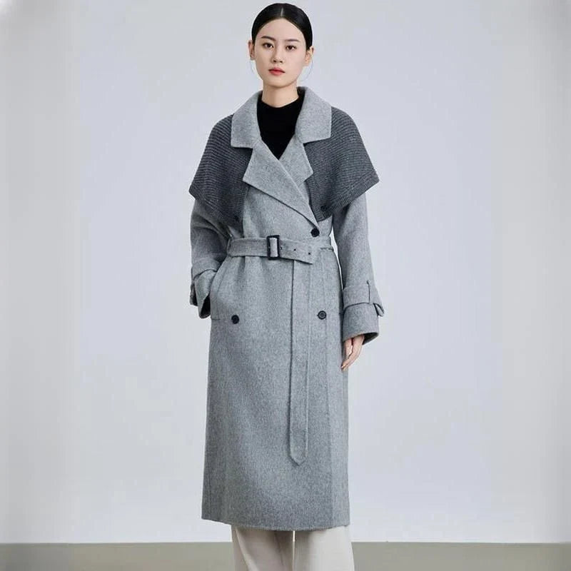 Stylish patchwork woollen blazer with large lapel and belt for a flattering silhouette