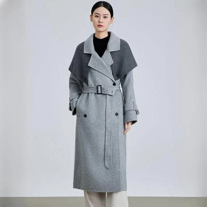 Stylish patchwork woollen blazer with large lapel and belt for a flattering silhouette