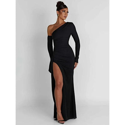 Elegant thigh-high split maxi dress with oblique shoulder design for sophisticated evening events