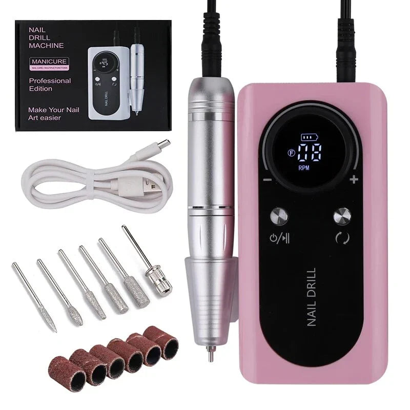 A high-speed 45,000RPM rechargeable electric nail drill with a LCD display for manicures and polishing