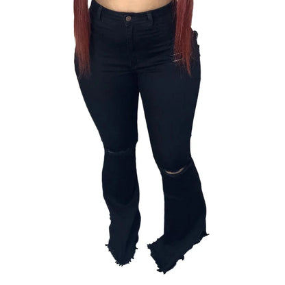 Stylish stretch denim flare jeans in black and light blue colors, featuring a high-waisted, bell-bottom design for a flattering, retro-inspired look.