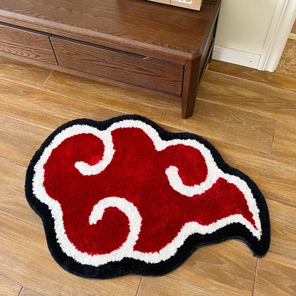 Vibrant red cloud anime-inspired tufted doormat with a soft, comfortable acrylic material and anti-slip backing