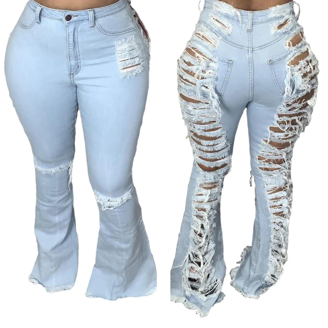 Stylish stretch denim flare jeans in black and light blue colors, featuring a high-waisted, bell-bottom design for a flattering, retro-inspired look.