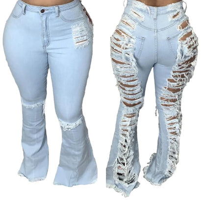 Stylish stretch denim flare jeans in black and light blue colors, featuring a high-waisted, bell-bottom design for a flattering, retro-inspired look.