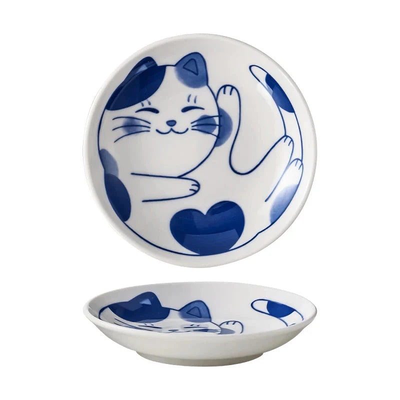 Ceramic Porcelain Dish with Hand-Painted Lucky Cat Design for Serving Sauces, Dips, and Desserts