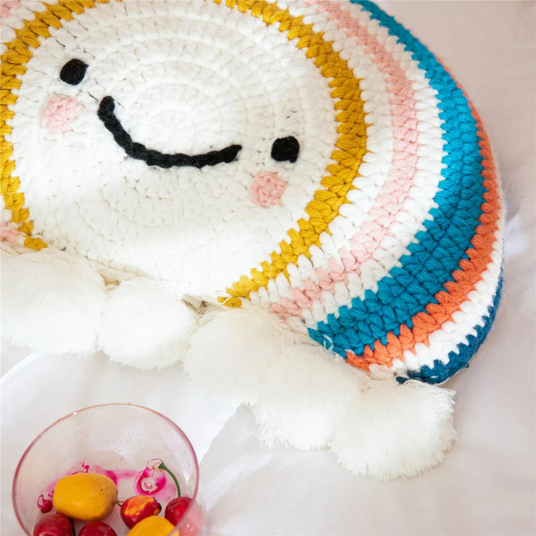 Cozy Cartoon Sunflower Cushion with Vibrant Rainbow Design and Cheerful Pompom Accents