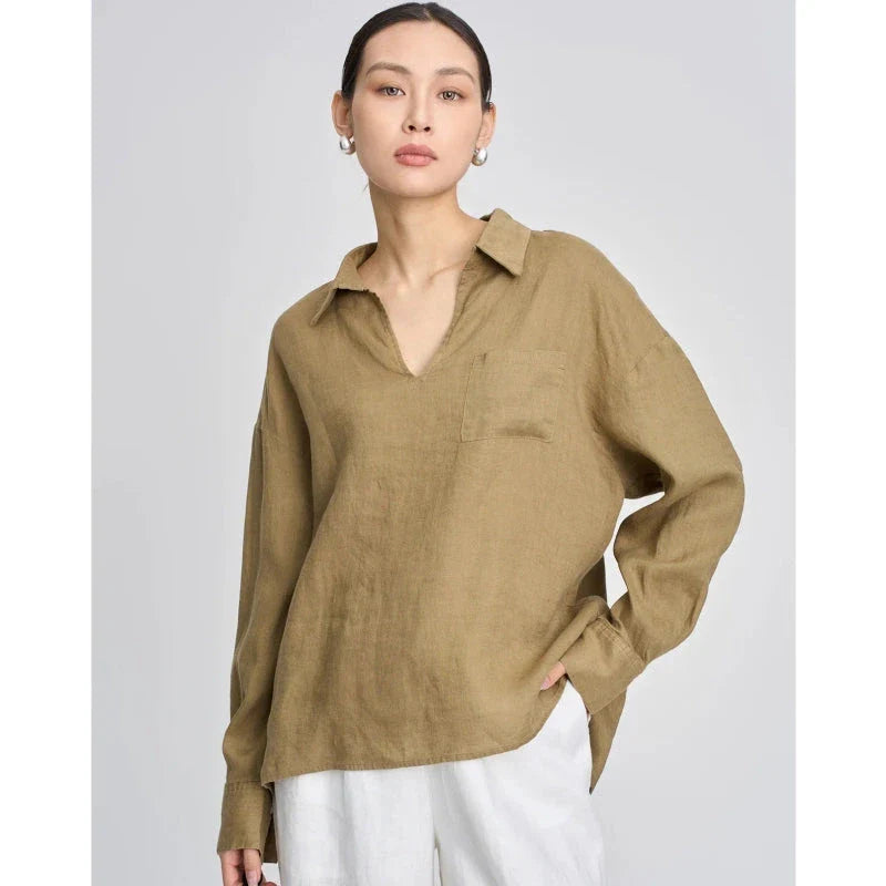 Breathable linen v-neck long sleeve shirt in khaki color, perfect for warm New Zealand weather