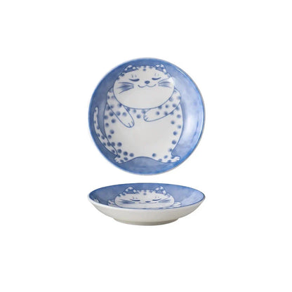 Ceramic Porcelain Dish with Hand-Painted Lucky Cat Design for Serving Sauces, Dips, and Desserts