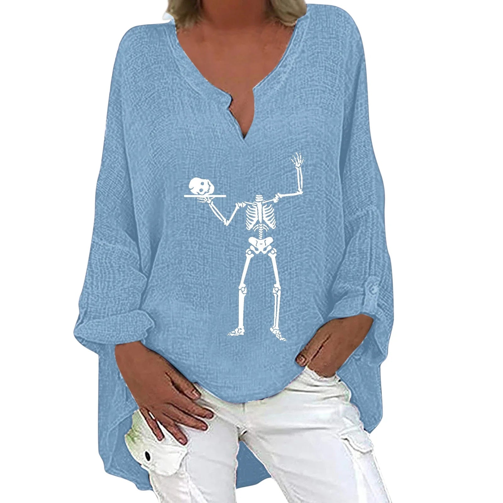 Trendha women's long sleeve shirt with Halloween-themed print, made from a soft cotton-linen blend fabric