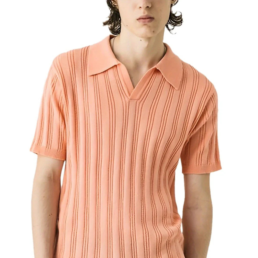 Premium Kiwi-made acrylic knitted tee in a vibrant orange-red hue, featuring a slim-fit design and classic short sleeves