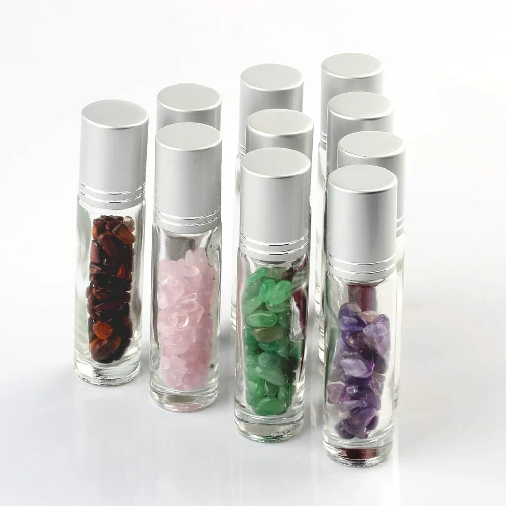 10ml Natural Gemstone Essential Oil Roller Bottles with Jade Rollers and Crystal Chips, Perfect for Kiwi Self-Care Routines