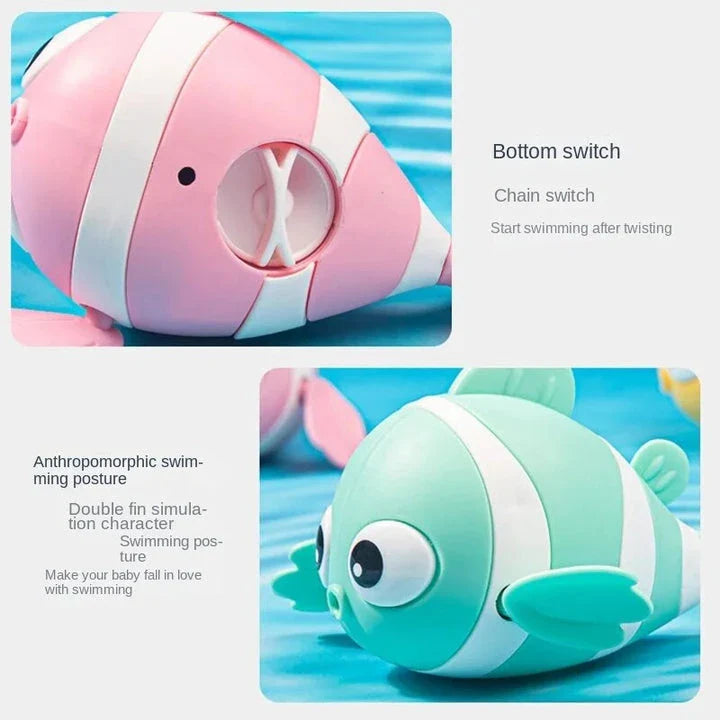 Cartoon fish wind-up bath toy in green, designed for New Zealand toddlers to enjoy during bathtime