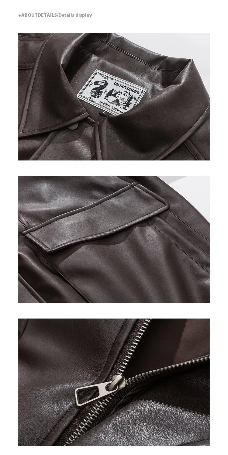 Classic PU leather jacket with lapel collar, roomy pockets, and polyester lining for Kiwi men's fashion