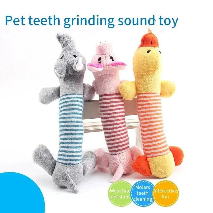 Durable squeaky plush dog toy with textured surface for teeth cleaning and engaging playtime