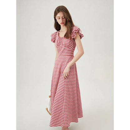 Elegant red plaid summer dress with flattering empire waistline and petal sleeves, perfect for Kiwi summer occasions