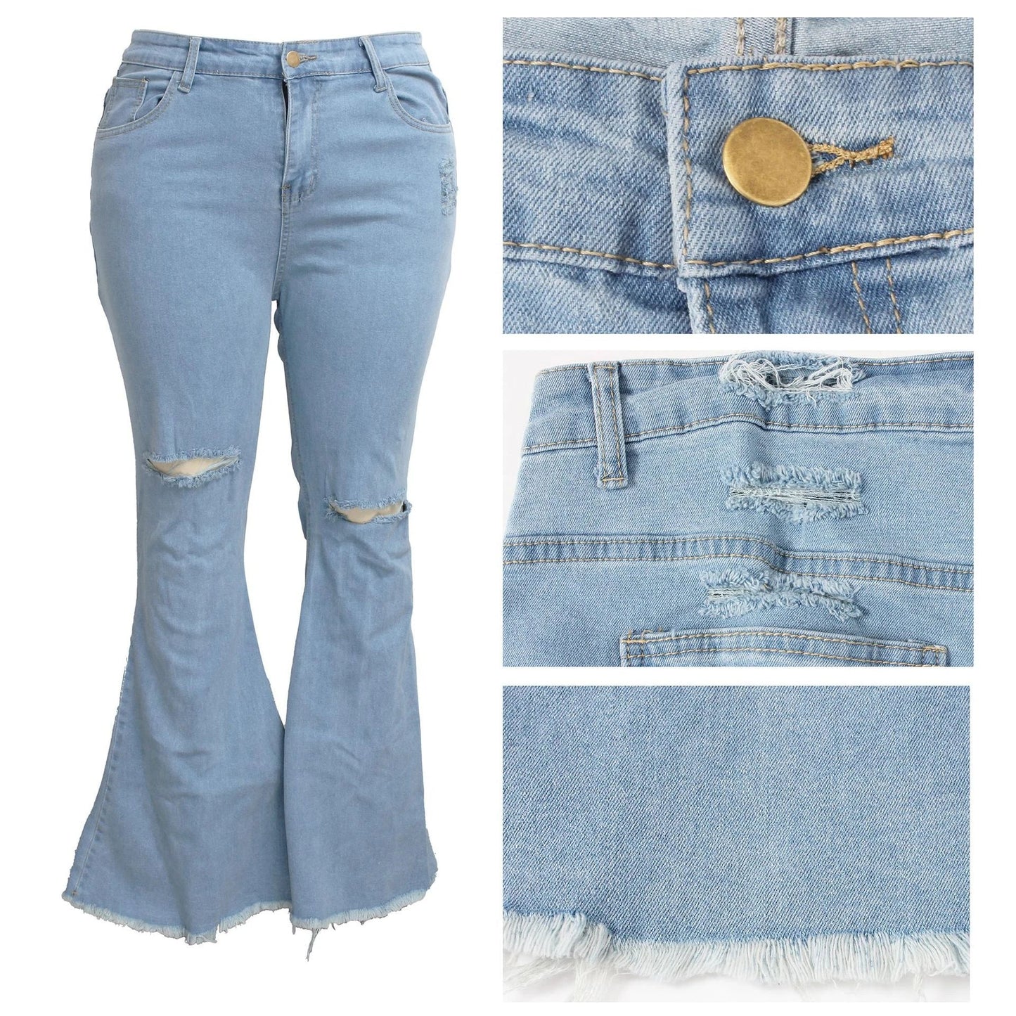 Stylish stretch denim flare jeans in black and light blue colors, featuring a high-waisted, bell-bottom design for a flattering, retro-inspired look.