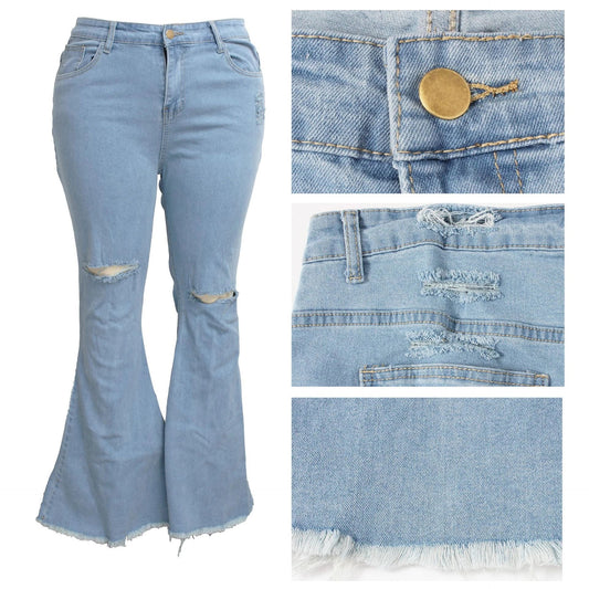 Stylish stretch denim flare jeans in black and light blue colors, featuring a high-waisted, bell-bottom design for a flattering, retro-inspired look.