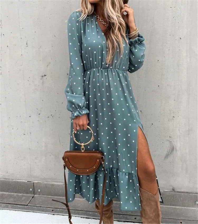 Polka dot long sleeve dress in skyblue and apricot colors, featuring a V-neck and A-line silhouette for a flattering, professional look