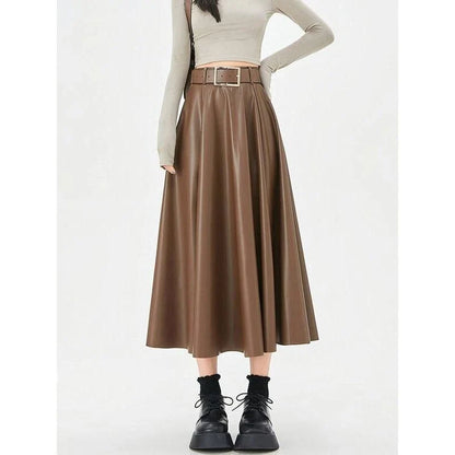 Elegant high-waist faux leather skirt with stylish belt, perfect for office or casual wear