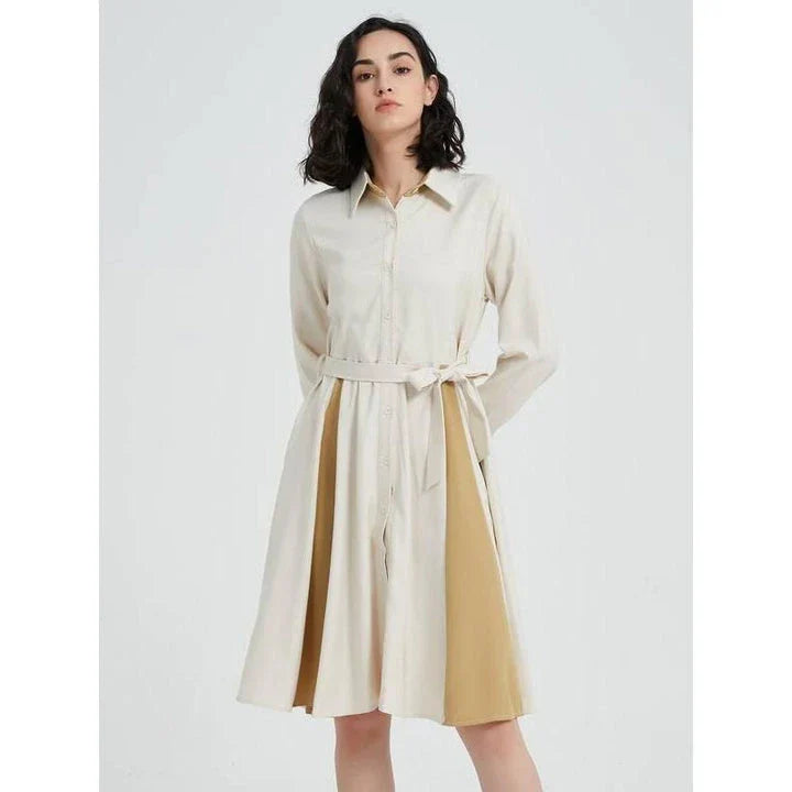 Elegant Beige A-line Long Sleeve Dress with Turn-down Collar and Belt for Flattering Fit